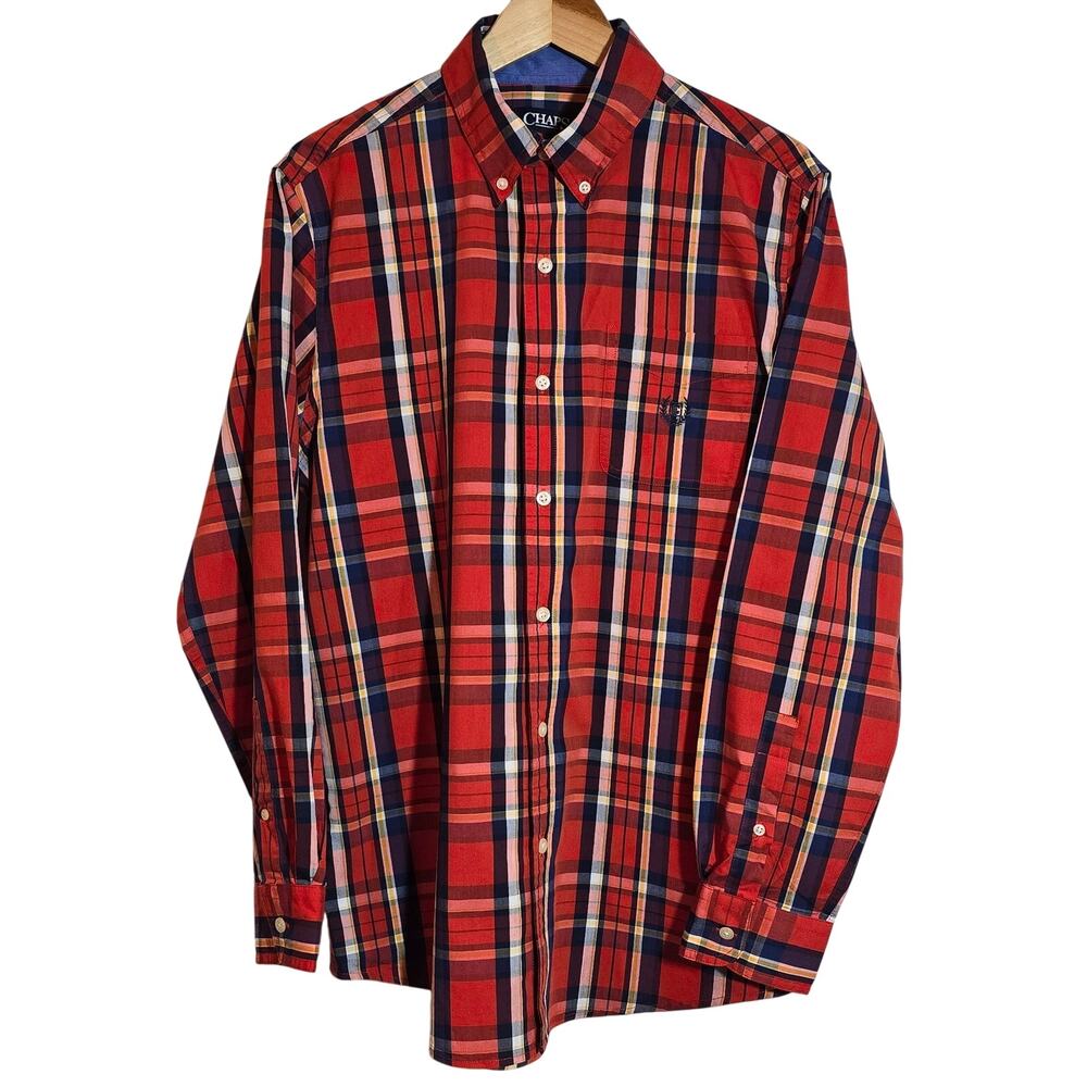 Chaps Button Down Plaid Shirt Long Sleeve Rustic Men's Size‎ Medium Orange Blue